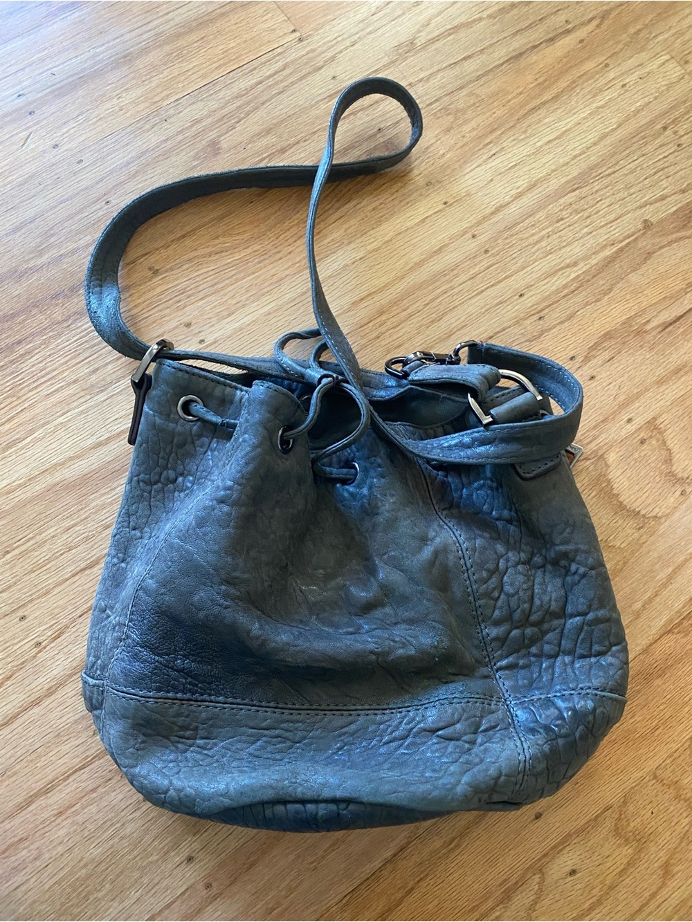 Gerard Darel Textured Slate Leather Drawstring Shoulder Bag